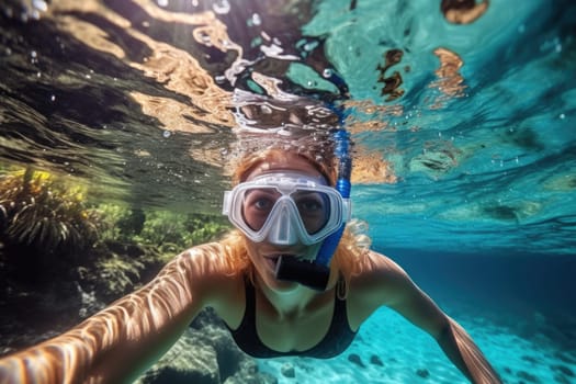 Underwater shoot of a young lady snorkeling and doing skin diving in a tropical sea. AI Generated