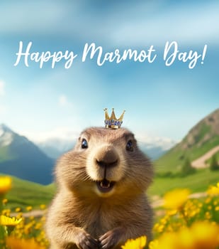Postcard National Marmot Day with Text, February 2nd. Cute Wild Marmot in Meadow with Yellow Buttercups or Dandelion. National Holiday, Postal Card. Vertical Plane. AI Generated High quality