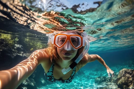 Underwater shoot of a young lady snorkeling and doing skin diving in a tropical sea. AI Generated