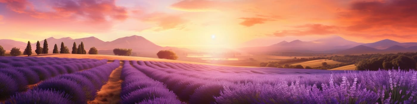 Blooming a lavender field during lovely summer sunset, banner concept