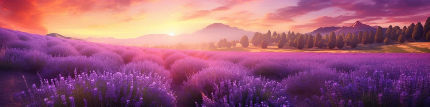 Blooming a lavender field during lovely summer sunset, banner concept