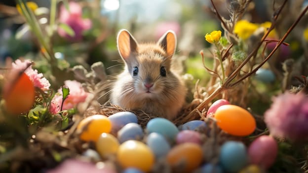 Mockup Happy Easter Holiday. Cute Little Gray Bunny Sitting in Flowers Among Colorful Easter Quail Eggs. Greeting Postal Card, Horizontal Background Pascha or Resurrection Sunday. AI Generated.