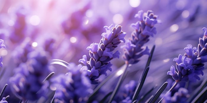 Macro detail to small aromatic evergreen shrub of the mint family, with narrow leaves and bluish purple flowers, nature concept