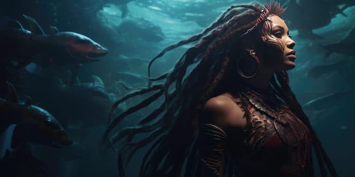 Mysterious portrait of naga woman at a deep sea, mystic character