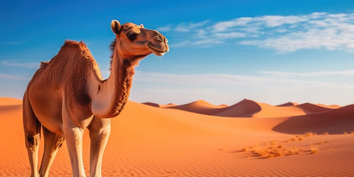 Portrait of camel in a desert or wasteland, wildlife and nature concept