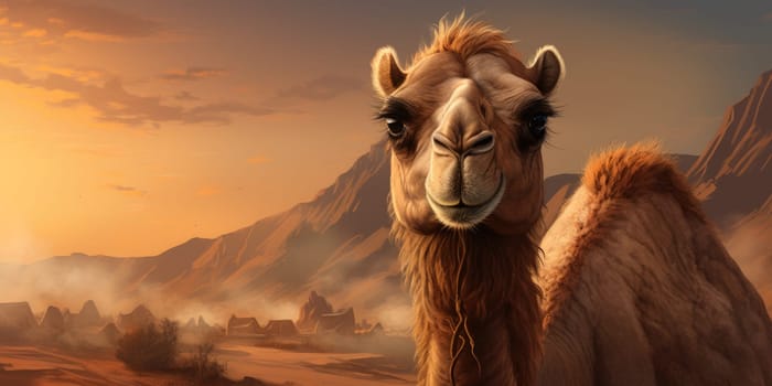 Portrait of camel in a desert or wasteland, wildlife and nature concept