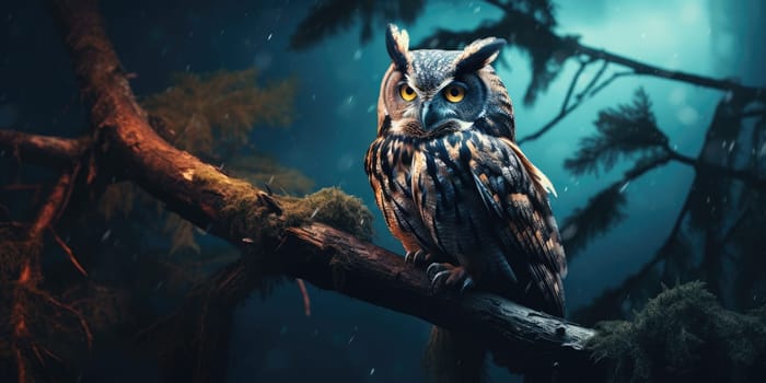 Owl on a branch during night, wildlife and nature concept