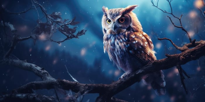 Owl on a branch during night, wildlife and nature concept
