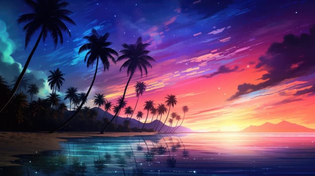 Palm trees on a beach with blue and pink aurora on the sky, nature concept