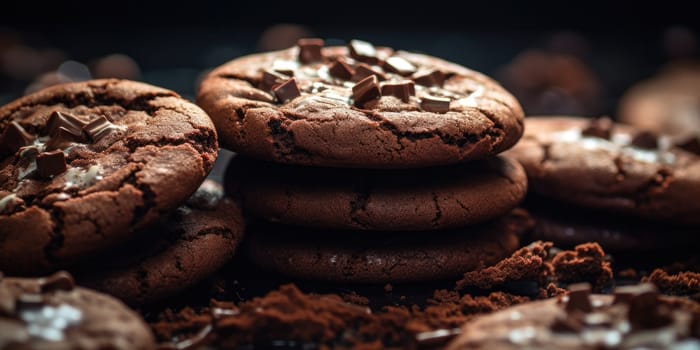 Macro detail chocolate cookies with a small pieces of chocolate, food concept