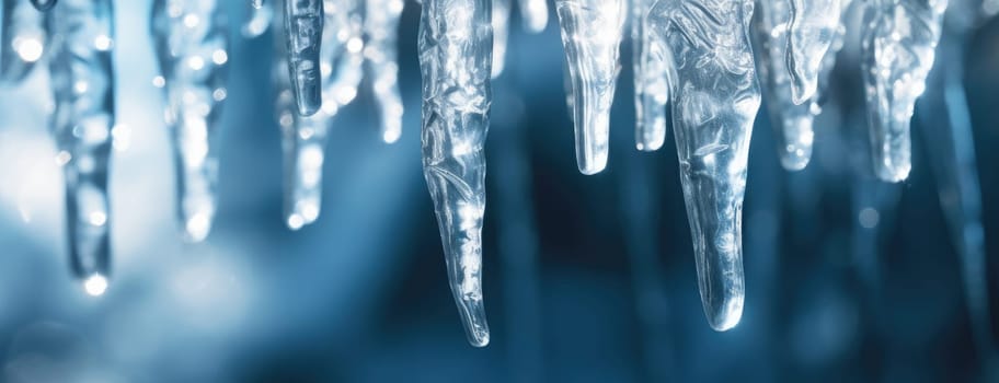 Macro detail to an icicle during strong winter, nature concept