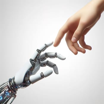 A human hand reaches out to a robot's hand. generative, AI. High quality photo