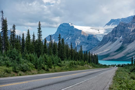 Lake of Canada Rocky Mountains Panorama on cloudy sky