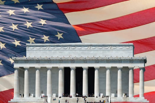 Abraham Lincoln Washington DC Memorial on American USA flag