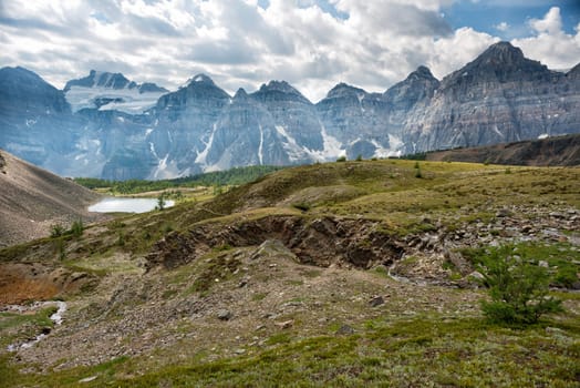 Canada Rocky Mountains Panorama on cloudy sky