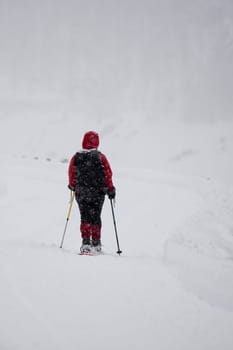 isolated snow shoe trekker covered by snow