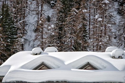 mountain house roofs covered by snow