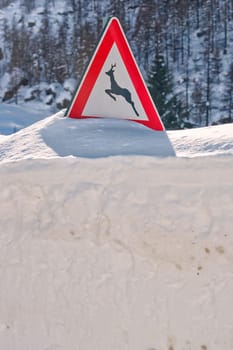 deer sign covered by snow in winter time