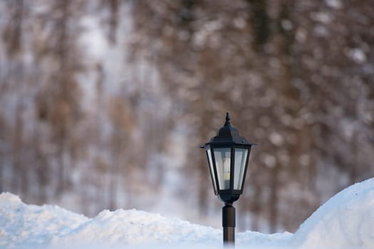 lampost covered by snow in winter time