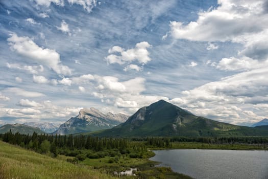 Canada Rocky Mountains Panorama on cloudy sky