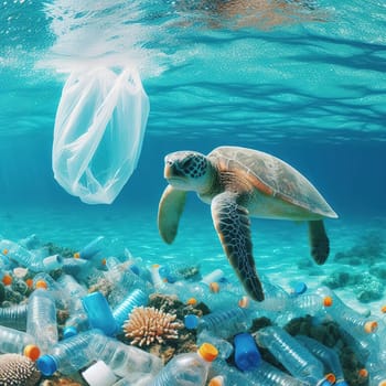 A turtle swims among plastic trash. Generative AI. High quality illustration