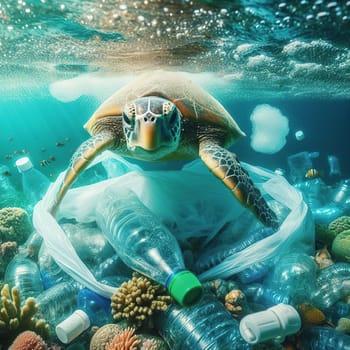 A turtle swims among plastic trash. Generative AI. High quality illustration