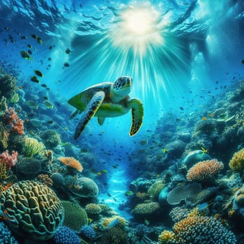 A turtle swims among plastic trash. Generative AI. High quality illustration