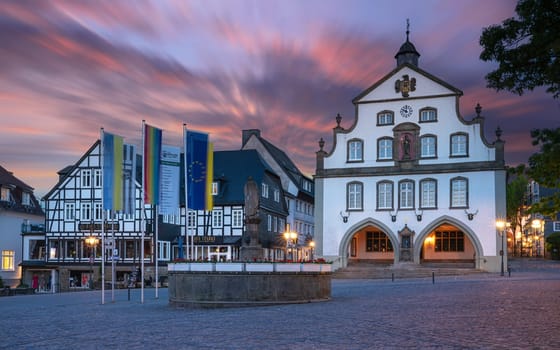 BRILON, GERMANY - JUNE 3, 2023: Historic district with old buildings of Brilon during sunset on June 3, 2023 in Sauerland, Germany