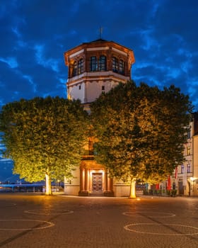 DUSSELDORF, GERMANY - JULY 18, 2023: Historic tower in downtown Dusseldorf on July 18, 2023 in Germany, Europe