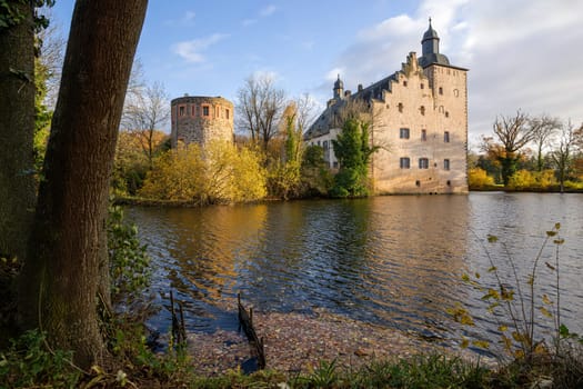 MECHERNICH, GERMANY - NOVEMBER 19, 2023: Panoramic image of old Veynau castle during evening on November 19, 2023 in Eifel, North Rhine Westphalia, Germany