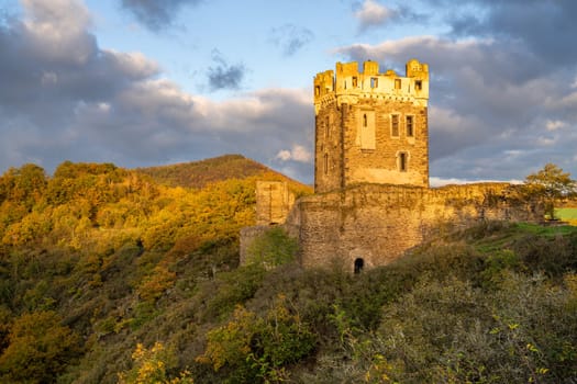 OCHTENDUNG, GERMANY - NOVEMBER 11, 2023: Panoramic image of old Wernerseck castle in early morning light during autumn on November 11, 2023 in Eifel, Rhineland-Palatinate, Germany