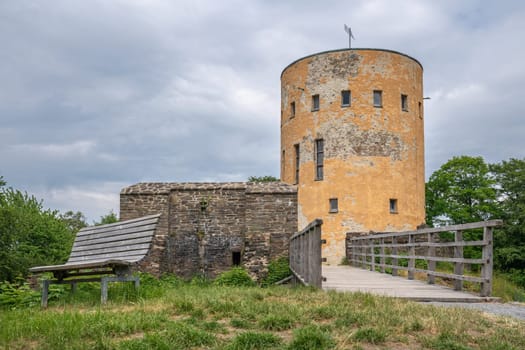 LUETZEL, GERMANY - JUNE 7, 2023: Ruin of Ginsburg castle against sky on June 7, 2023 in Luetzel, Germany