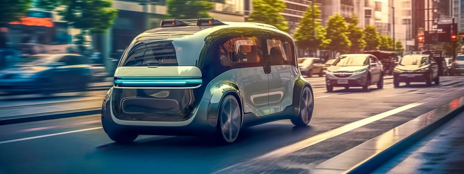sleek, futuristic autonomous car smoothly navigating through a bustling city street, exemplifying modern transportation and the advent of self-driving technology in an urban environment, banner
