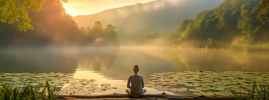 scene of a person meditating by a calm lake surrounded by lush forest, with lily pads floating on the water surface and the soft glow of morning light piercing through the mist, banner with copy space