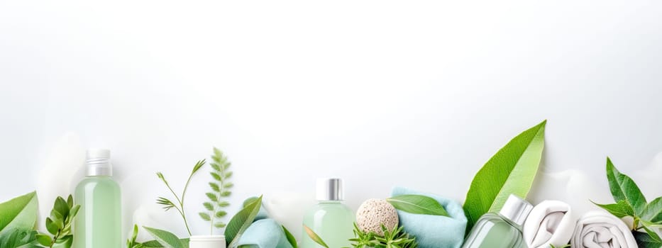clean, eco-friendly theme with various green cleaning products and fresh leaves arranged neatly against a white background, offering plenty of copy space for environmentally conscious messaging banner