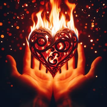 Burning heart in hands. Generative AI. High quality photo