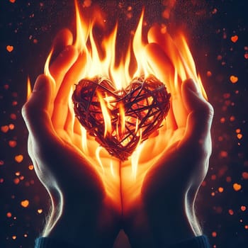 Burning heart in hands. Generative AI. High quality photo