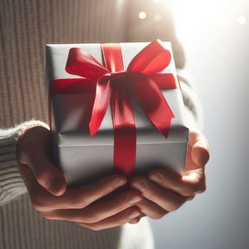 Gift box with a bow in hands. Generative, AI. High quality photo