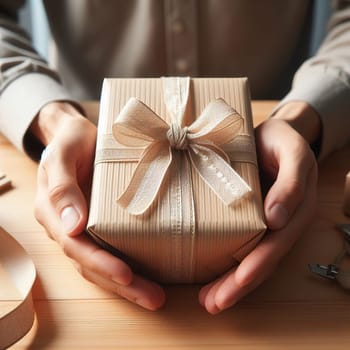 Gift box with a bow in hands. Generative, AI. High quality photo