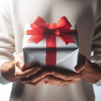 Gift box with a bow in hands. Generative, AI. High quality photo