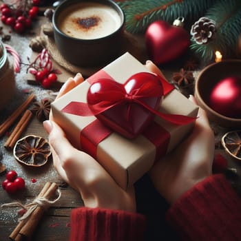 Gift box with a bow in hands. Generative, AI. High quality photo