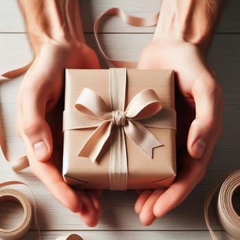 Gift box with a bow in hands. Generative, AI. High quality photo
