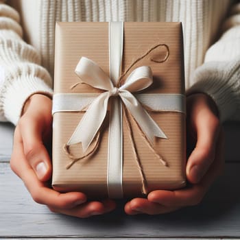 Gift box with a bow in hands. Generative, AI. High quality photo