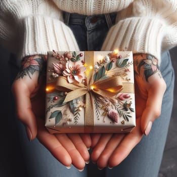 Gift box with a bow in hands. Generative, AI. High quality photo