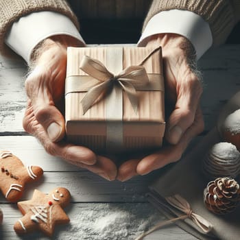 Gift box with a bow in hands. Generative, AI. High quality photo