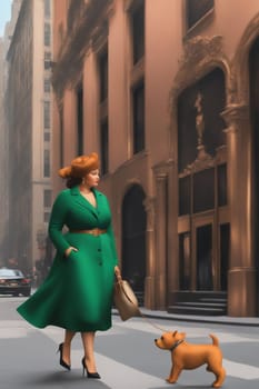 curvy elegant empowered business woman walking with dog in downtown illustration genrative ai art