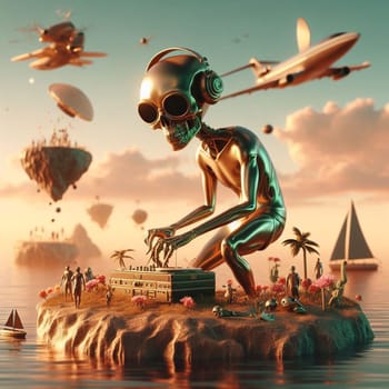 metallic alien dj with human skull, wearing glasses earphone dj of beach party in tropical island generative ai art