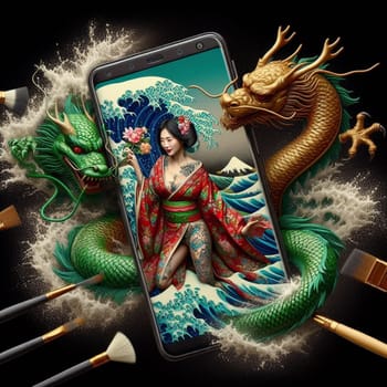 traditional asian woman wear kimono silky dress dance with dragon in chinese new year, background shanghai city skyline come out of phone screen on a desk