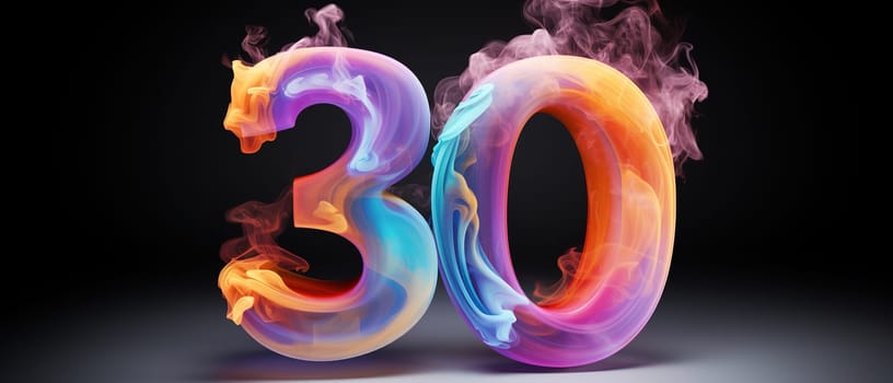 Colorful number thirty with vibrant smoke on black background. Symbol 30. Invitation for a thirtieth birthday party or business anniversary. Neon light and colors. Generative AI