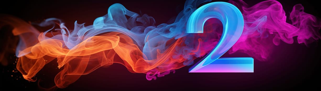 Colorful number two with vibrant smoke on black background. Symbol 2. Invitation for a second birthday party, business anniversary, or any event celebrating a second milestone. Generative AI